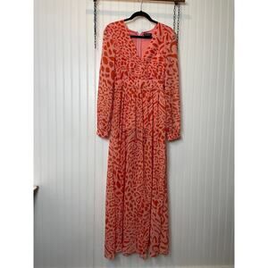 Bebe Orange Leopard Print V-Neck Fit And Flare Maxi Dress Womens Size S